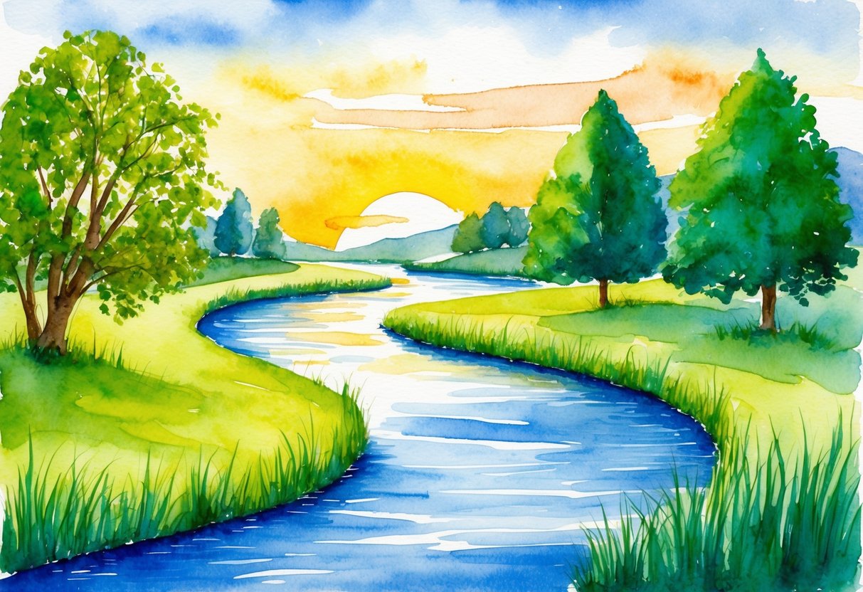 A serene, idyllic landscape with a winding river, lush green trees, and a peaceful sunset, symbolizing long-term financial security for retirement