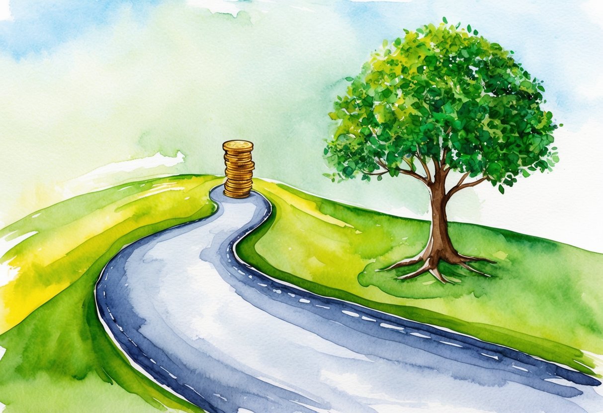 A winding pathway leading to a stack of coins and a growing money tree, symbolizing the journey to financial independence through understanding cash flow
