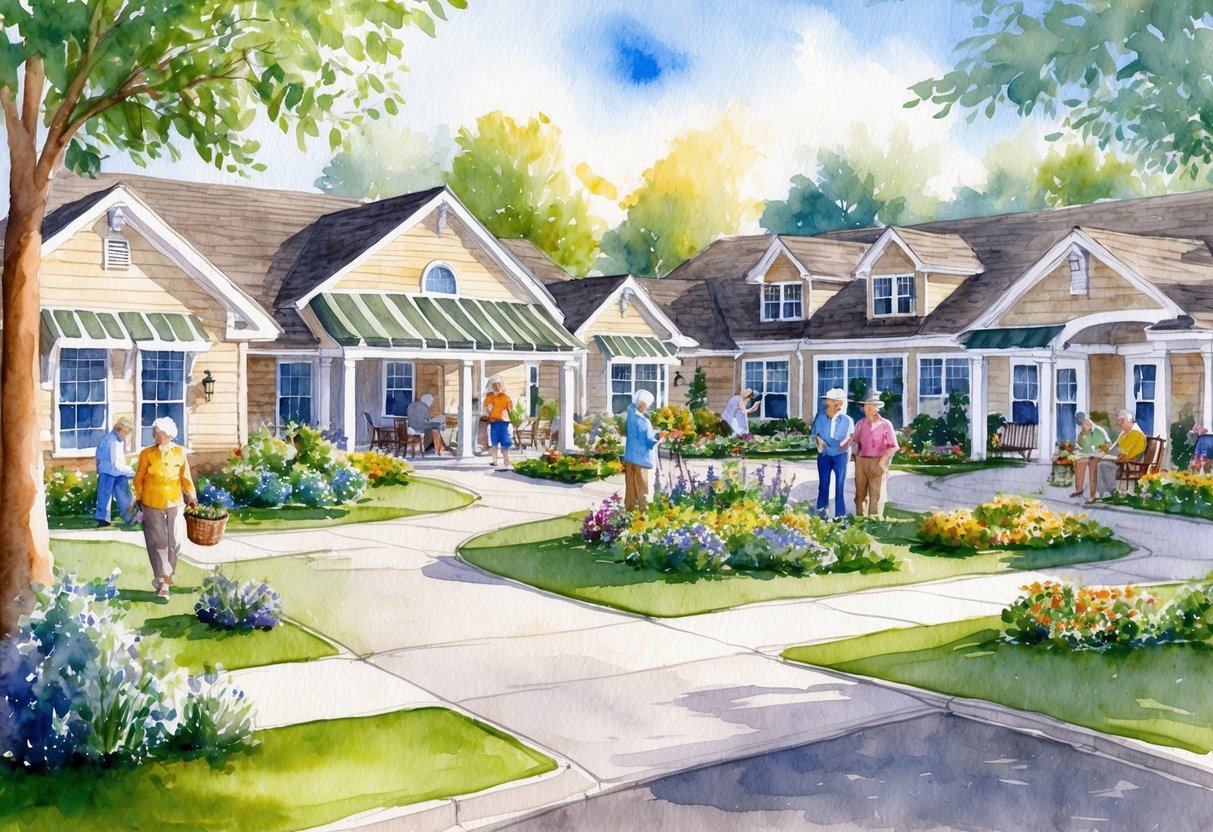 A serene, idyllic retirement community with well-kept gardens and a mix of cozy homes, where residents are engaged in various leisure activities like walking, gardening, and socializing