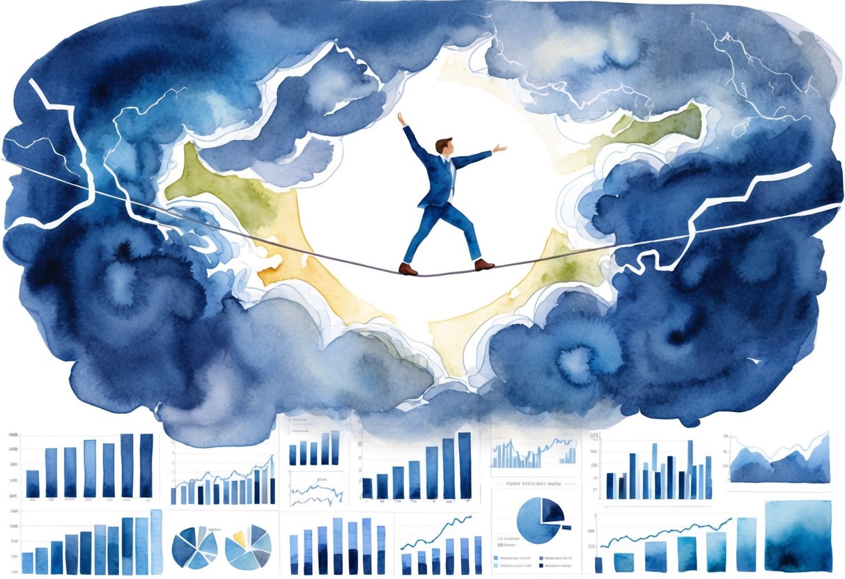 A figure carefully balances on a tightrope, surrounded by swirling clouds and lightning. Below, a maze of financial charts and graphs