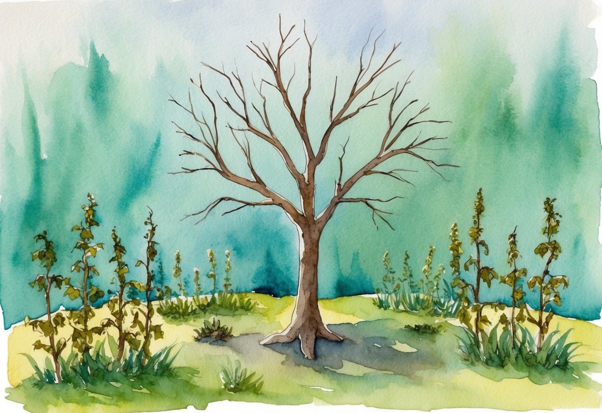 A single tree with barren branches surrounded by wilted plants, symbolizing the negative impact of non-diversified retirement portfolios
