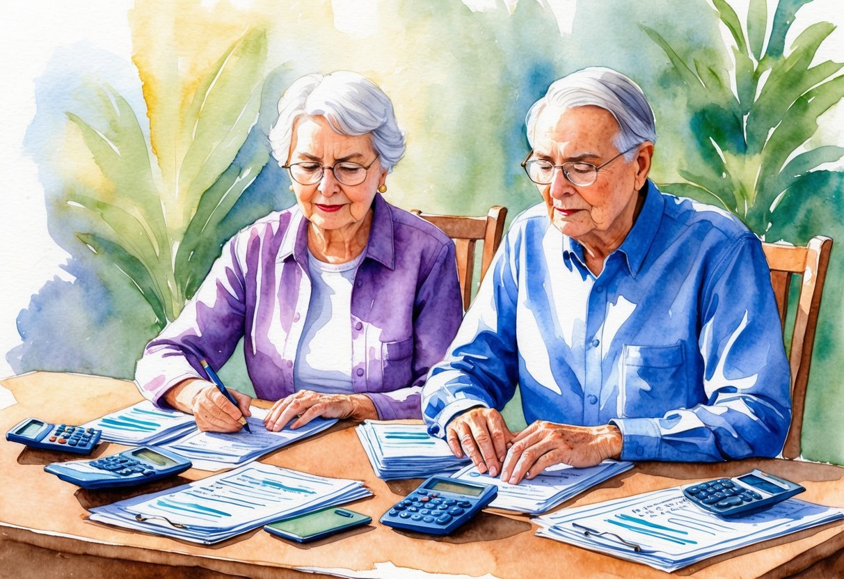 A serene elderly couple sits at a table, surrounded by financial documents and calculators. They appear focused and determined as they plan for healthcare and long-term care in retirement