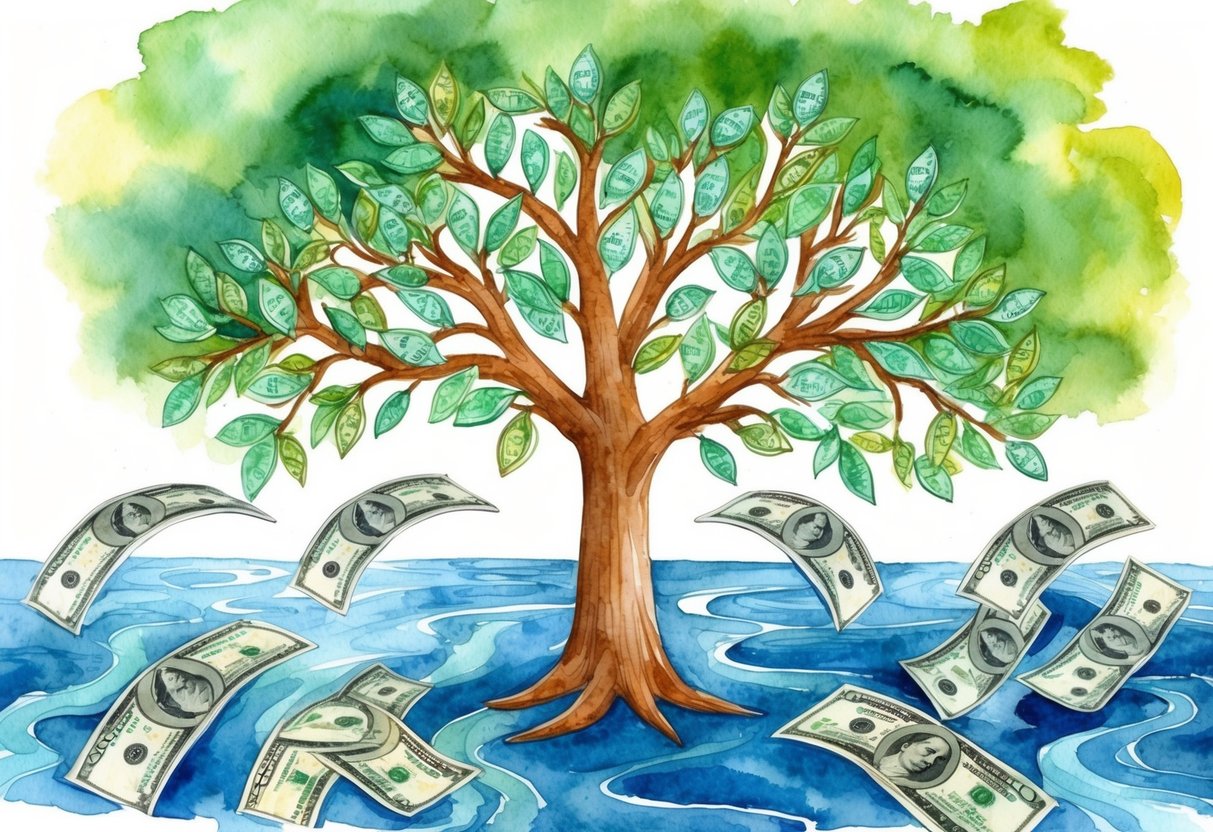 A tree with branches growing money leaves, surrounded by flowing streams of cash merging into a river