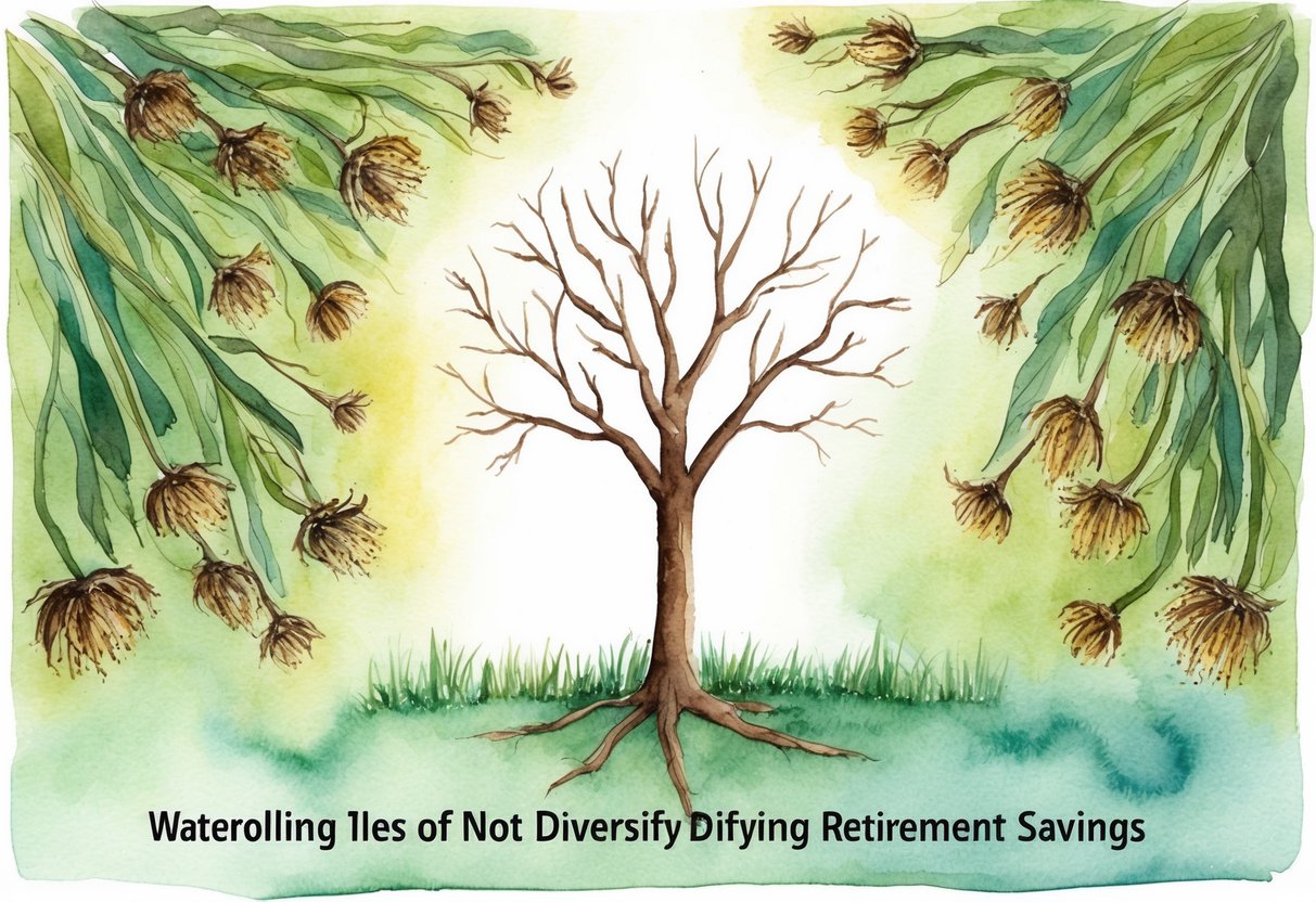 A single tree with barren branches surrounded by wilted flowers and shriveled crops, symbolizing the negative impact of not diversifying retirement savings