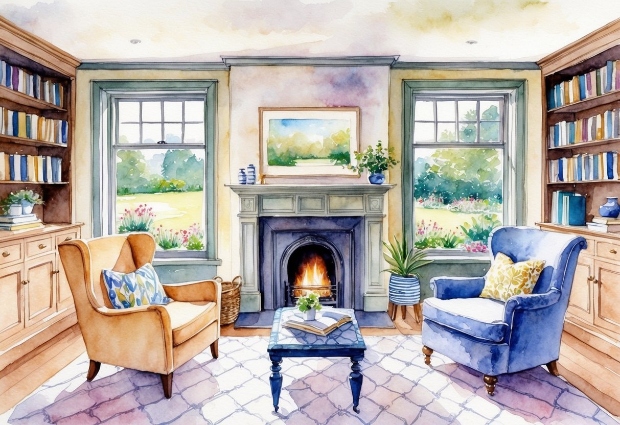 A cozy living room with a fireplace, bookshelves, and a comfortable armchair, surrounded by windows with a view of a peaceful garden
