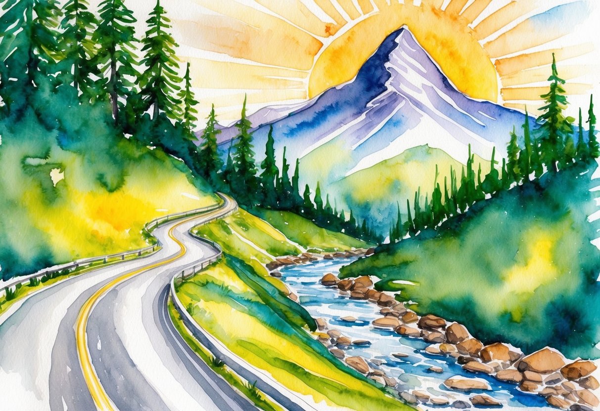 A winding road leading to a mountain peak, with a clear stream flowing alongside, surrounded by lush green trees and a radiant sunset
