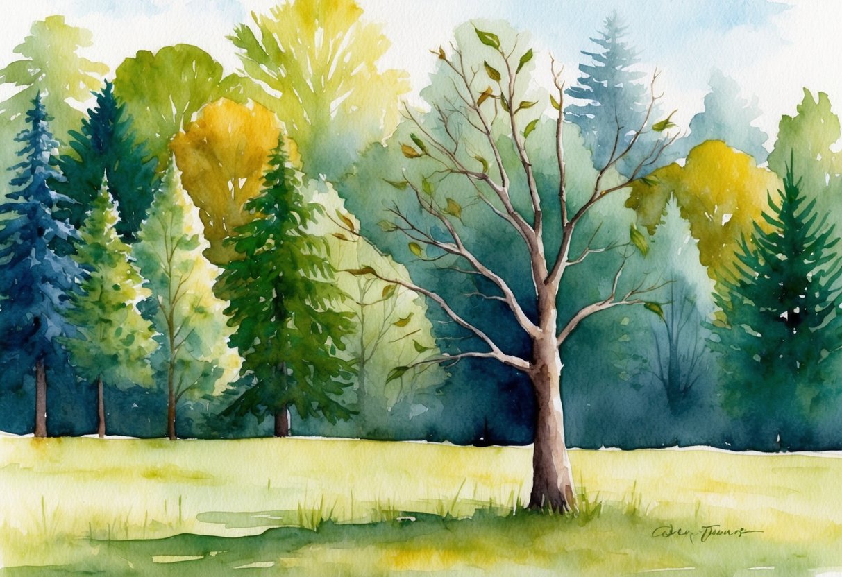 A barren tree with wilted leaves stands alone in a field, overshadowed by a lush forest of diverse, thriving trees