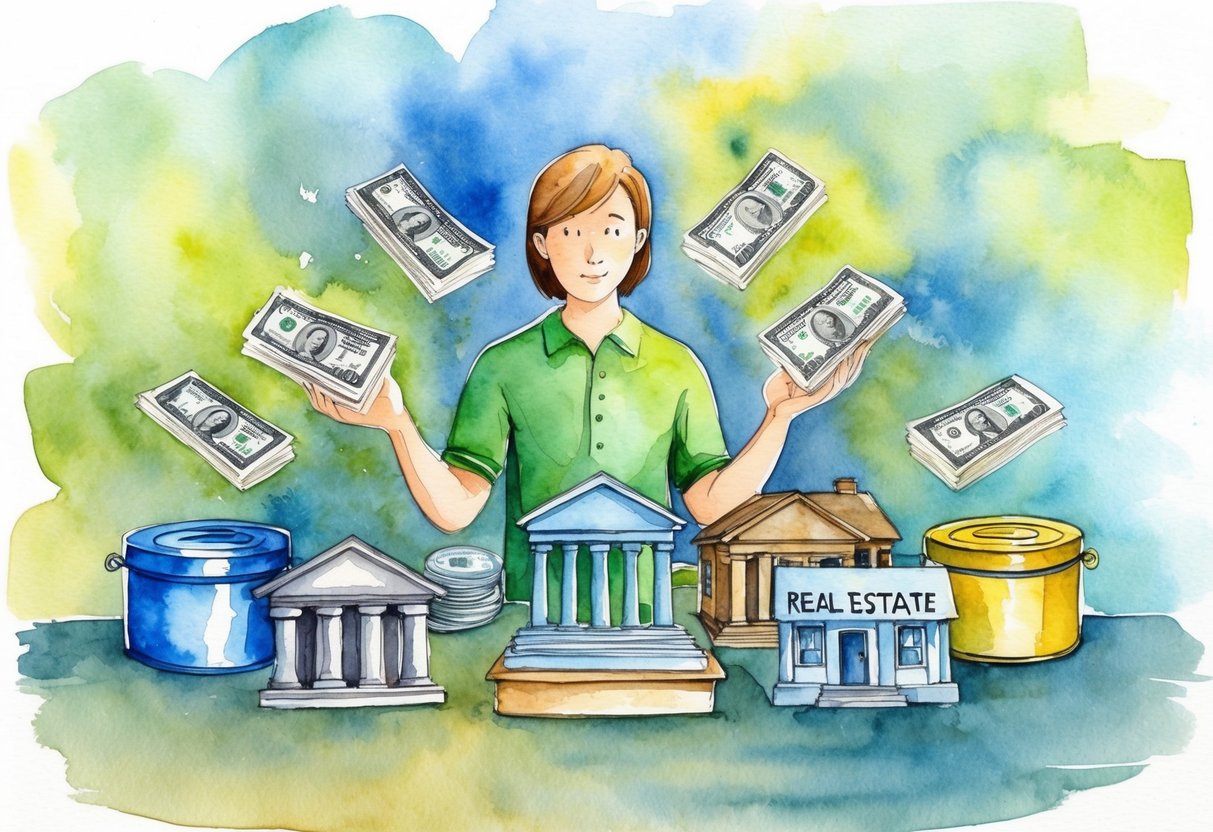 A person surrounded by various sources of income, such as stocks, real estate, and savings, with one source dominating while the others remain untouched
