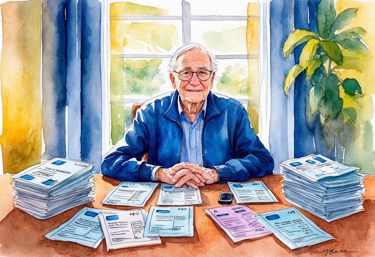 A senior sitting at a table with only one source of income, surrounded by bills and financial statements