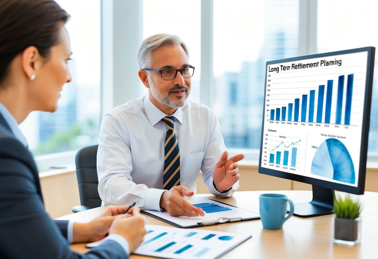 A financial advisor discussing savings strategies with a client, using charts and graphs to illustrate long-term retirement planning