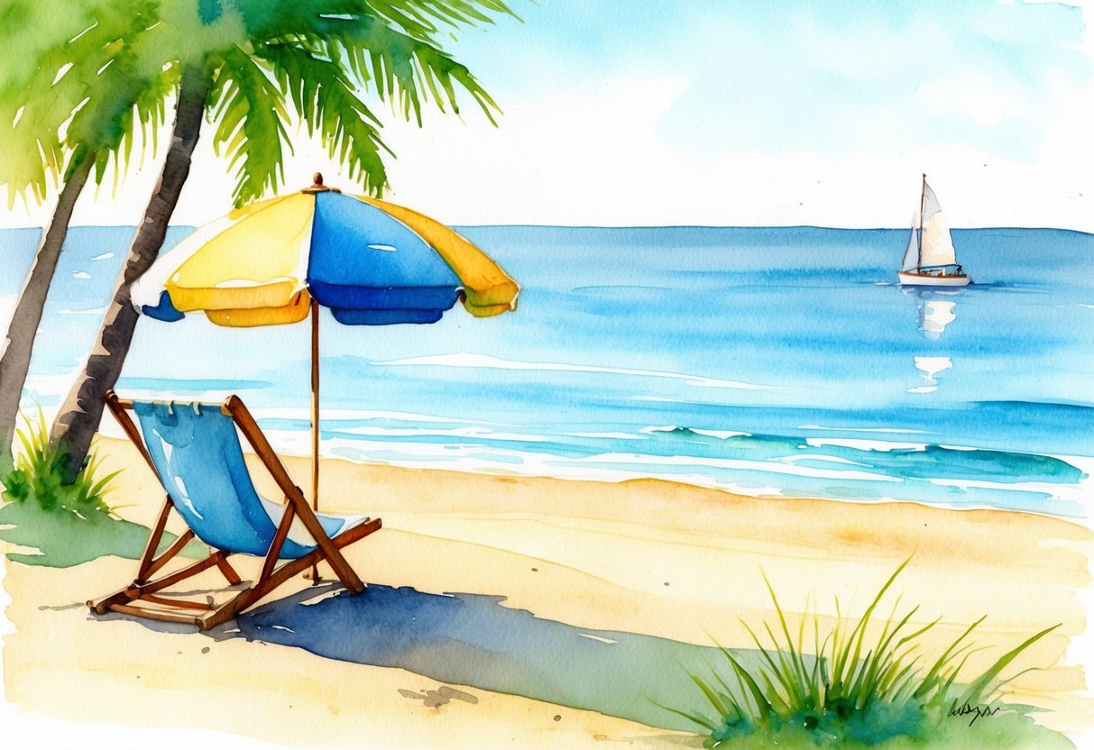 A serene, sunny beach with a lone beach chair and umbrella, overlooking a calm ocean with a sailboat in the distance