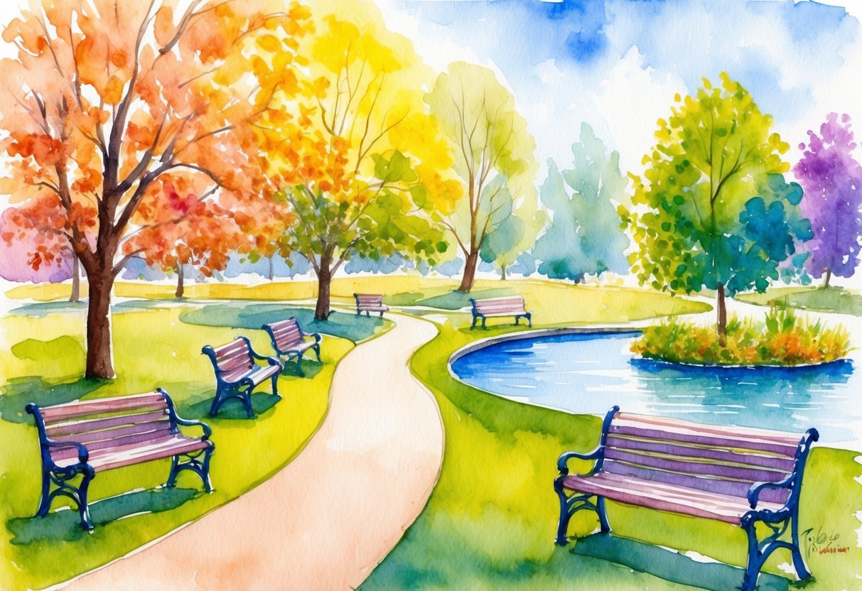 A serene, sunny park with a winding path, benches, and a pond surrounded by colorful trees and foliage