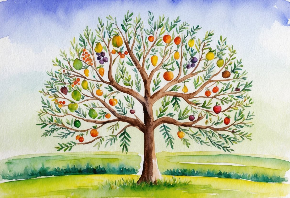 A tree with 72 branches growing in a field, each branch bearing different types of fruits and flowers, symbolizing financial growth and diversity
