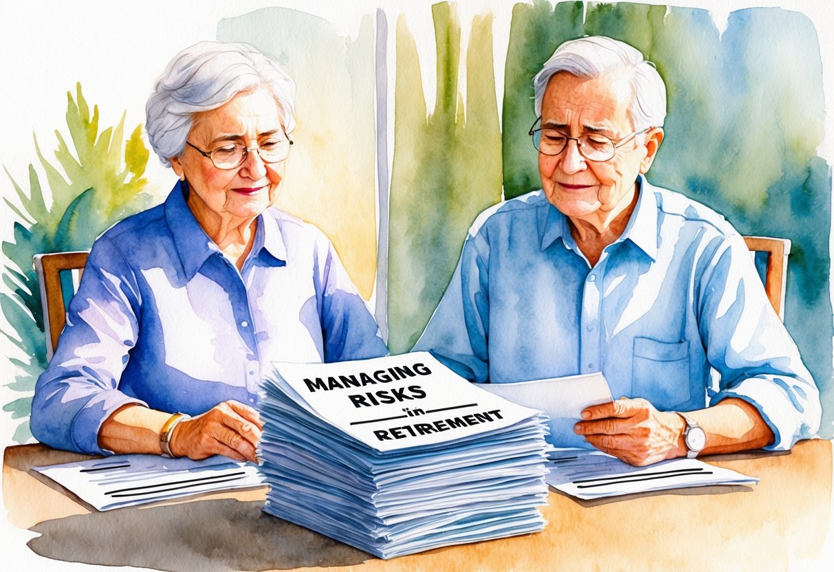 A serene elderly couple sits at a table, reviewing financial documents with a concerned expression. A stack of papers labeled "Managing Risks in Retirement" sits in front of them