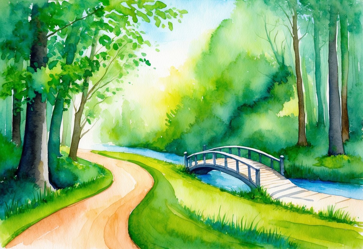 A serene, winding path through a lush green forest, with a bridge crossing a gentle stream, symbolizing the journey of adjusting to life's changes in retirement