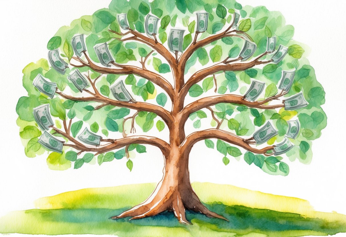 A tree growing money with branches doubling in length every 72 units