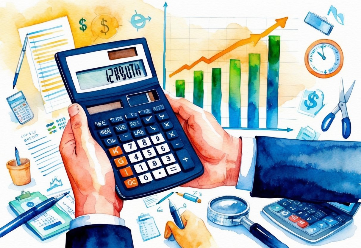 A hand holding a calculator with a financial growth chart in the background, surrounded by various financial tools and tips