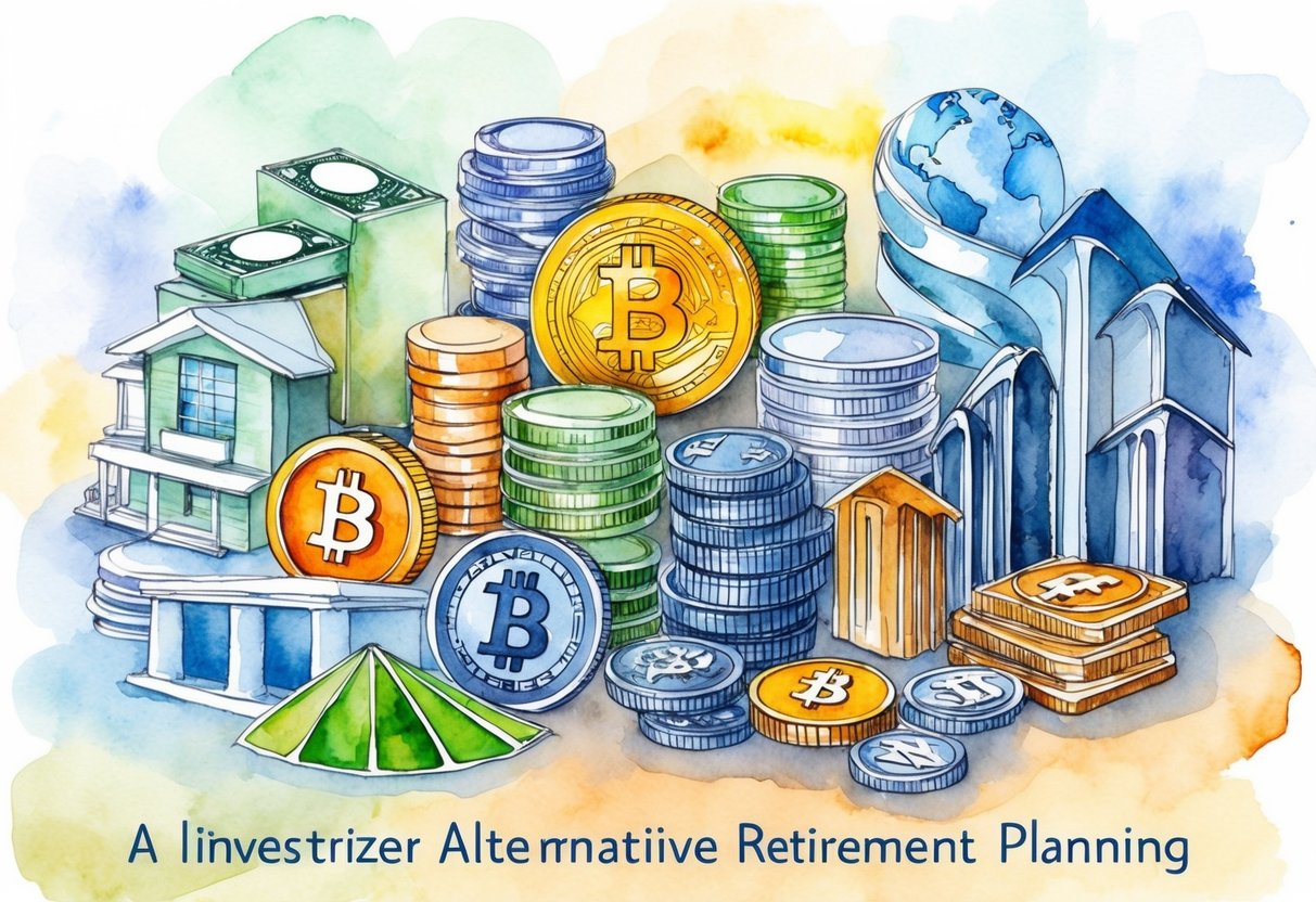 A diverse array of investment vehicles such as real estate, precious metals, cryptocurrency, and private equity, symbolizing alternative retirement planning