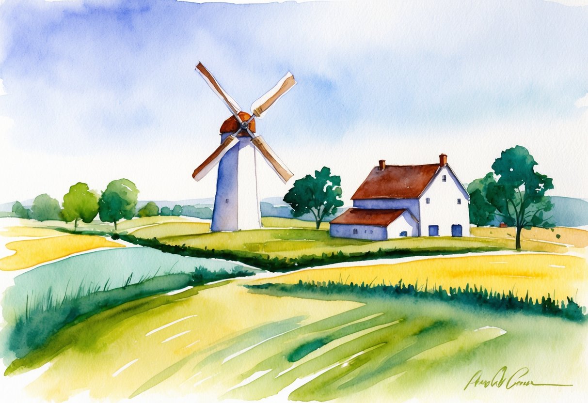 A serene countryside landscape with a farmhouse, windmill, and fields, showcasing alternative income sources such as agriculture and renewable energy