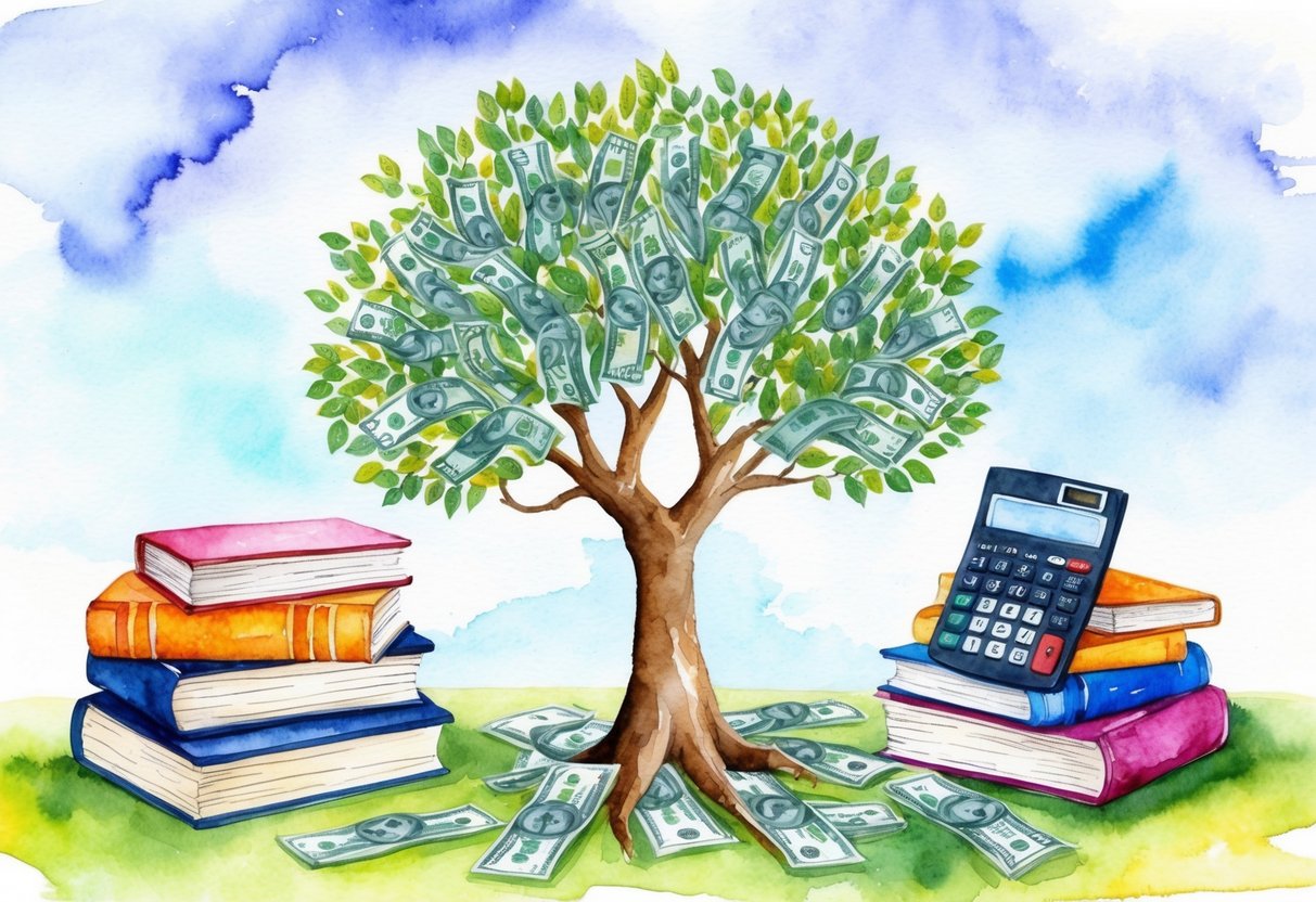 A tree growing money with branches reaching toward the sky, surrounded by books and a calculator, symbolizing financial growth and enlightenment through the Rule of 72