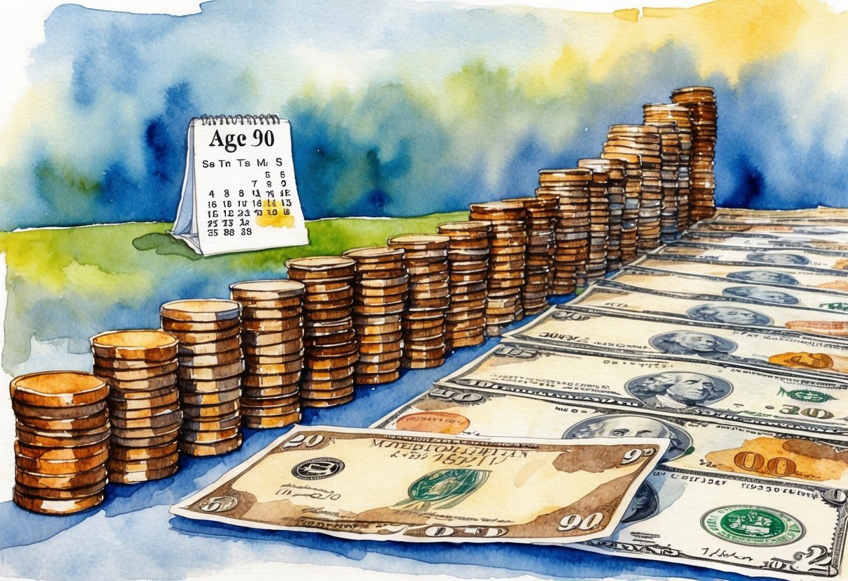 A stack of coins and bills stretching into the distance, with a calendar showing the age of 90 and beyond