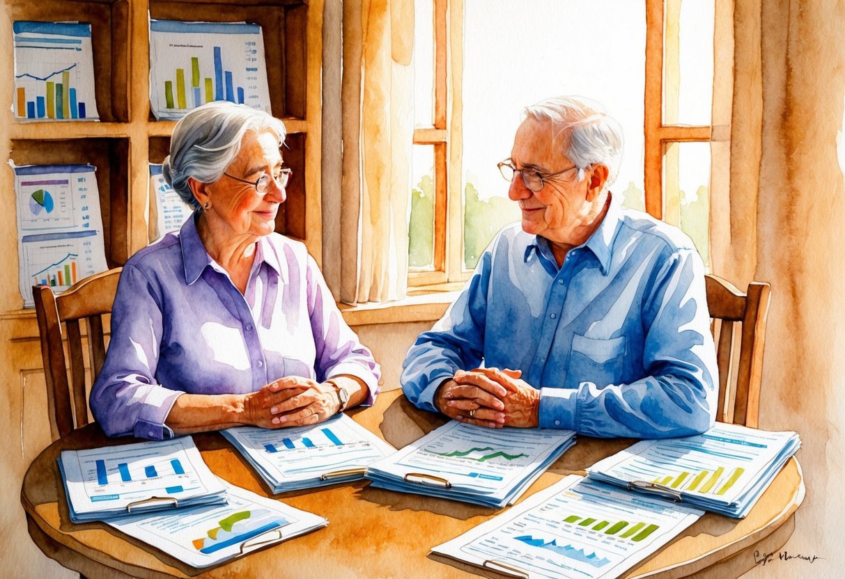 A serene, elderly couple seated at a cozy table, surrounded by financial documents and charts. The room is filled with warm, natural light, and the couple appears engaged in deep conversation, exuding a sense of security and confidence