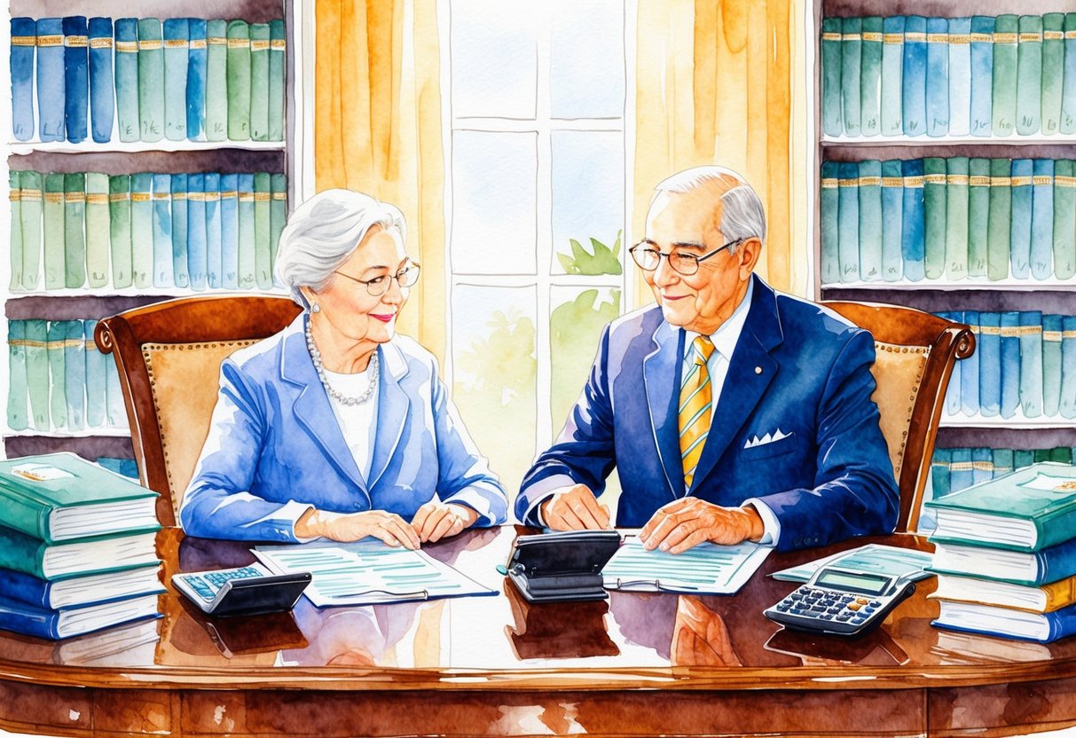 A serene, elderly couple sits at a polished wooden table with financial documents and calculators, surrounded by shelves of books on wealth management
