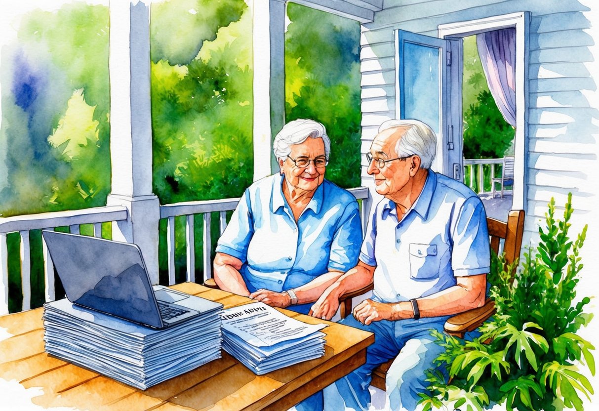 A serene elderly couple sits on a porch, surrounded by lush greenery. A stack of financial documents and a laptop are on a table as they discuss securing income for their future