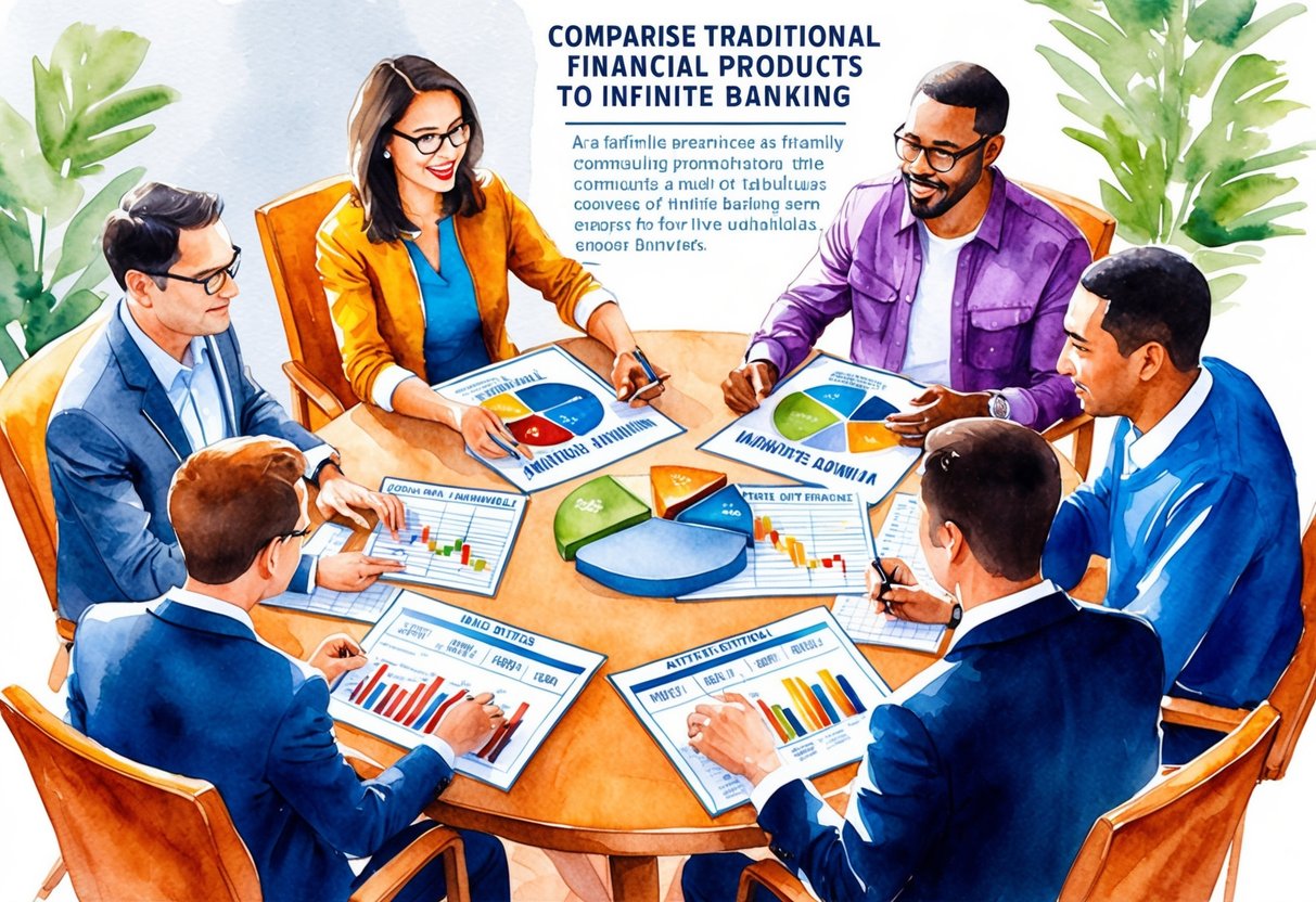 A family sitting around a table, comparing traditional financial products to Infinite Banking. Charts and graphs are spread out in front of them as they discuss the benefits of each option