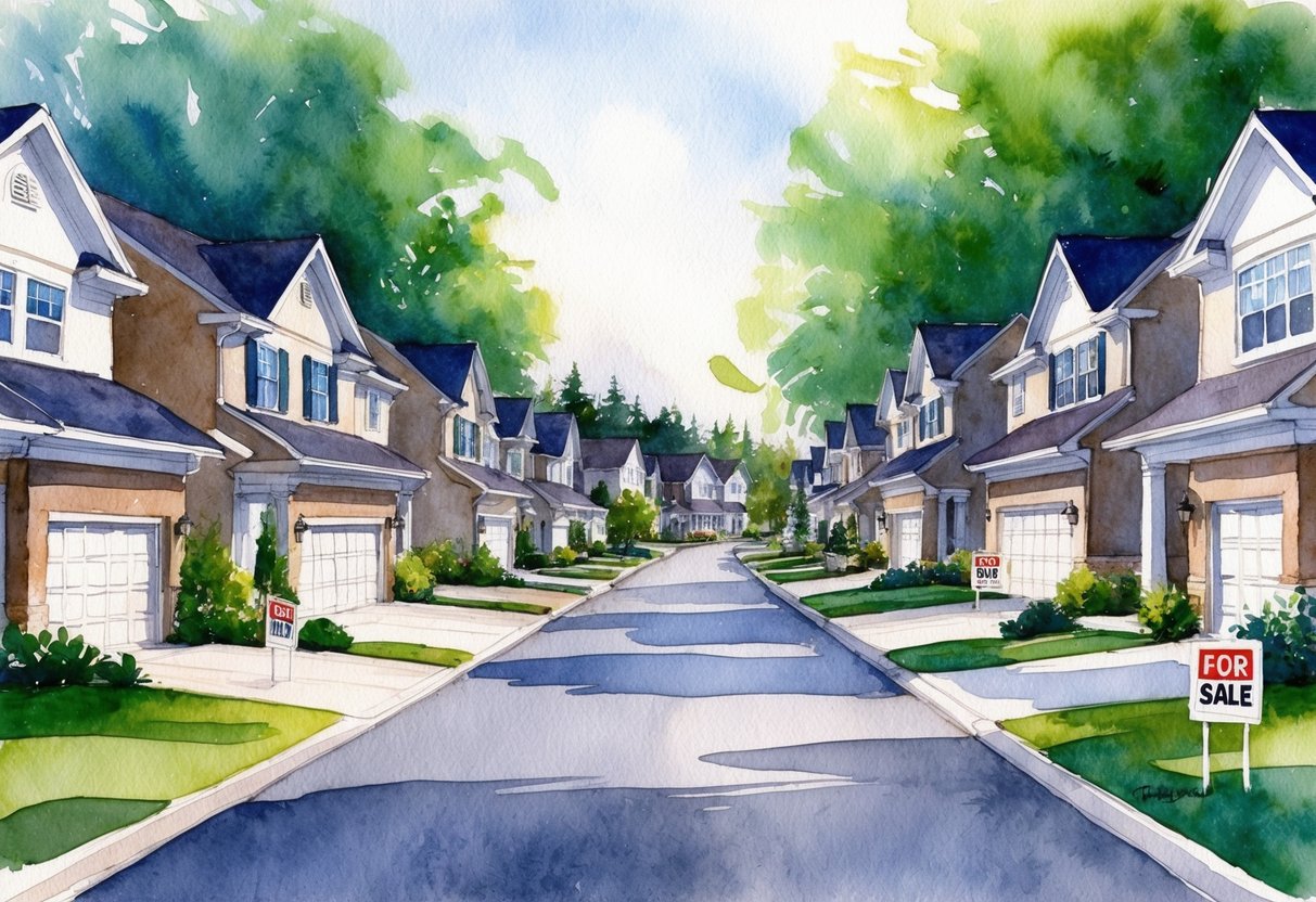 A serene suburban neighborhood with rows of well-maintained houses, some with "For Sale" signs, and a mix of greenery and paved streets