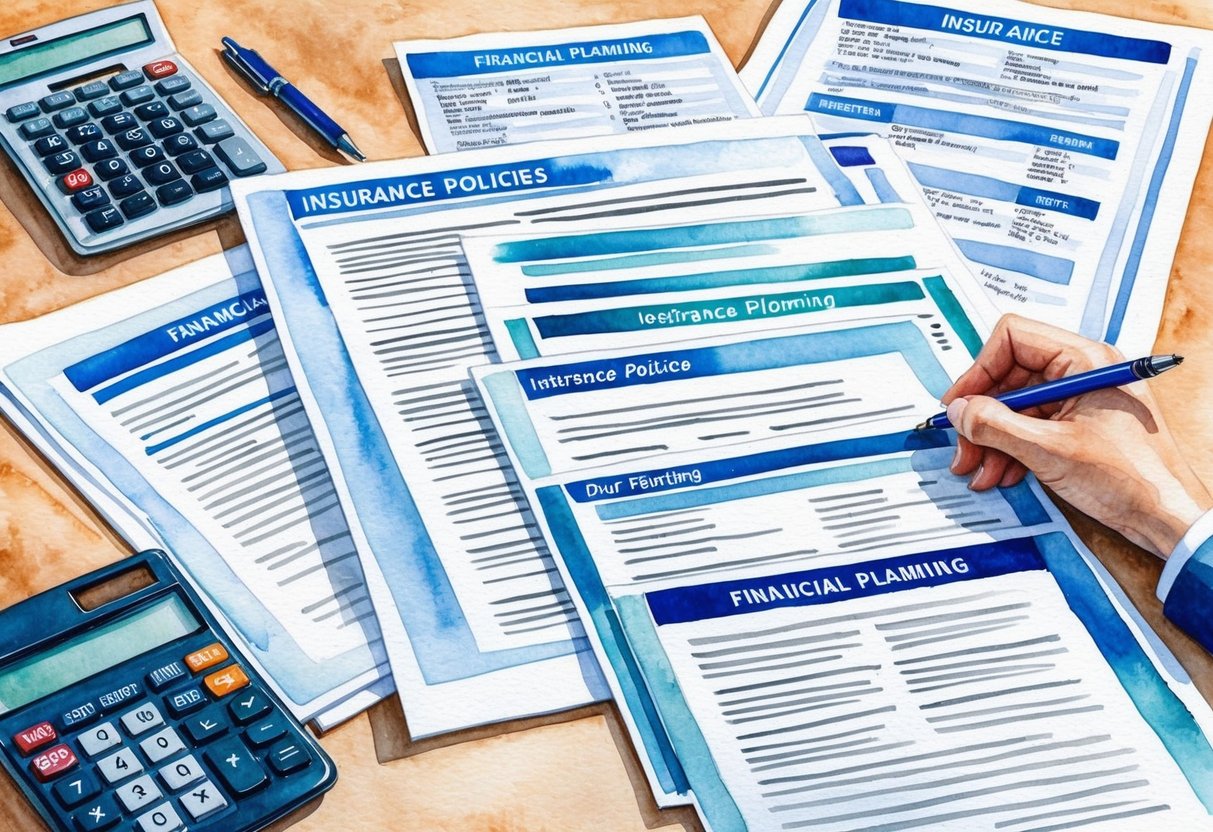 A diverse range of insurance policies and financial planning documents arranged neatly on a desk, with a calculator and pen nearby
