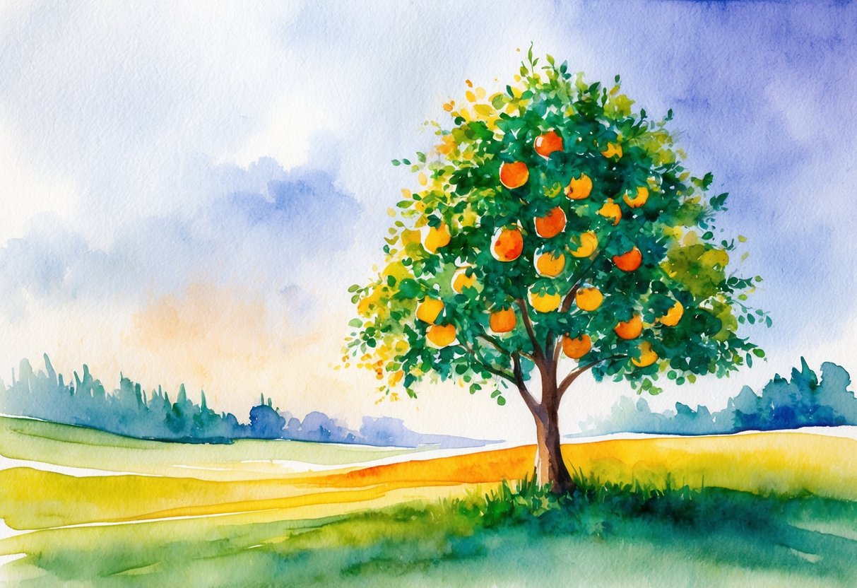 A peaceful and serene landscape with a tree bearing abundant fruit, symbolizing the financial benefits and abundance of infinite banking