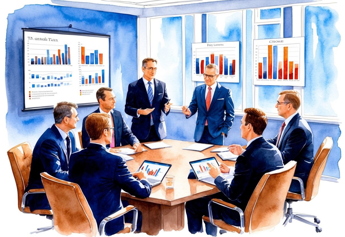 A group of investors discussing real estate tax strategies in a boardroom with charts and graphs on the wall