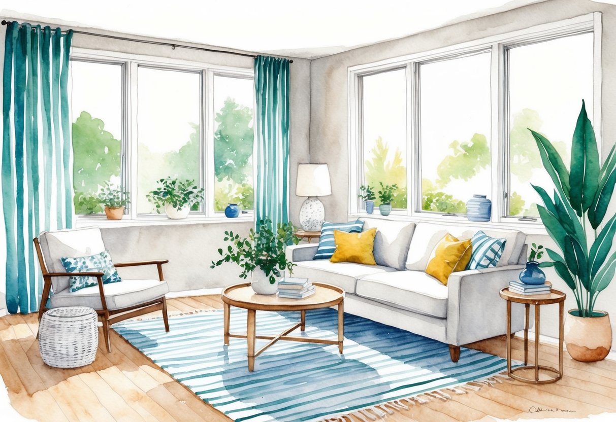 A cozy, clutter-free living room with minimal furniture and decor, featuring large windows and natural light, showcasing a simplified and efficient retirement lifestyle
