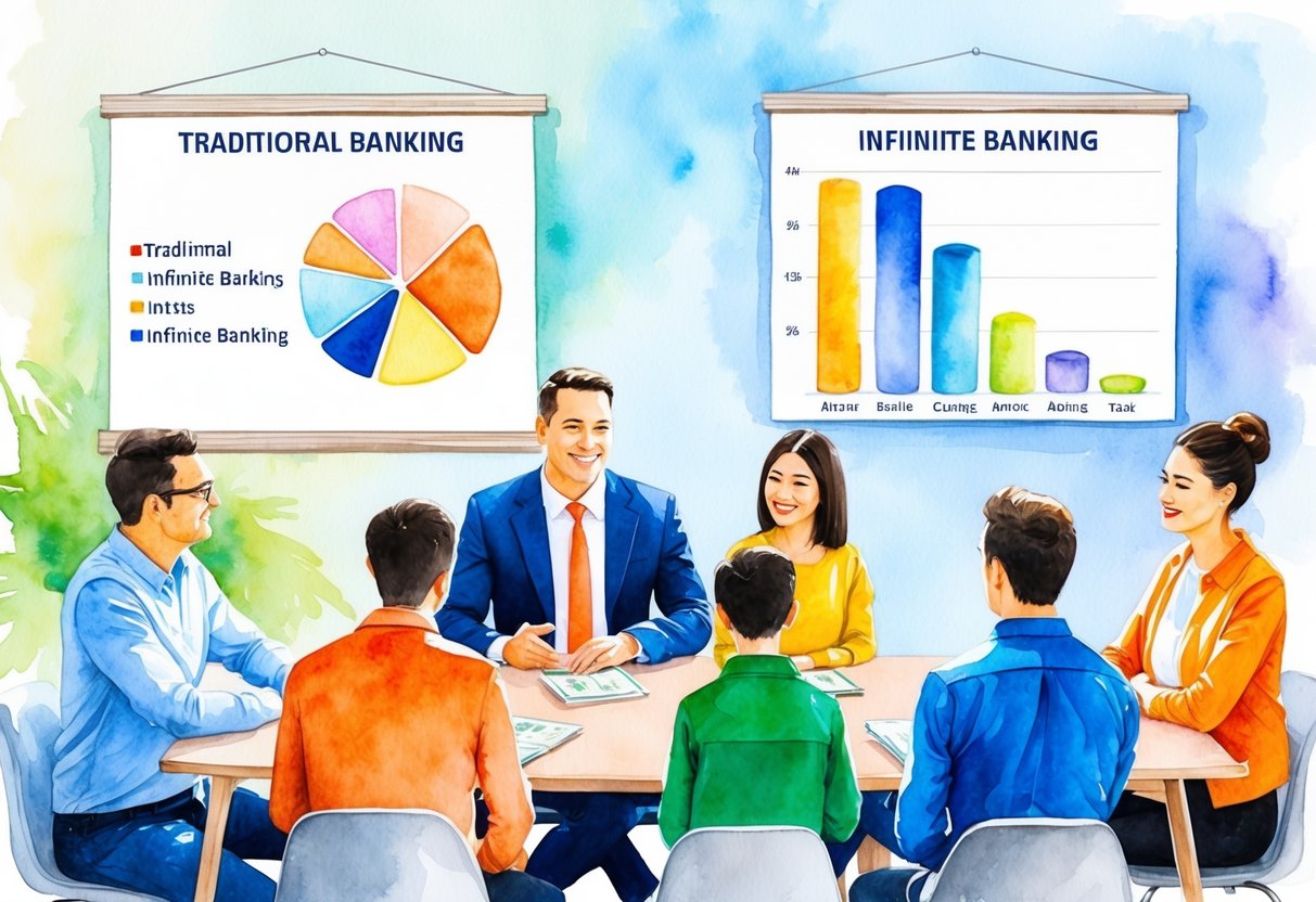 A family sitting around a table, discussing finances. A chart comparing traditional banking and infinite banking hangs on the wall