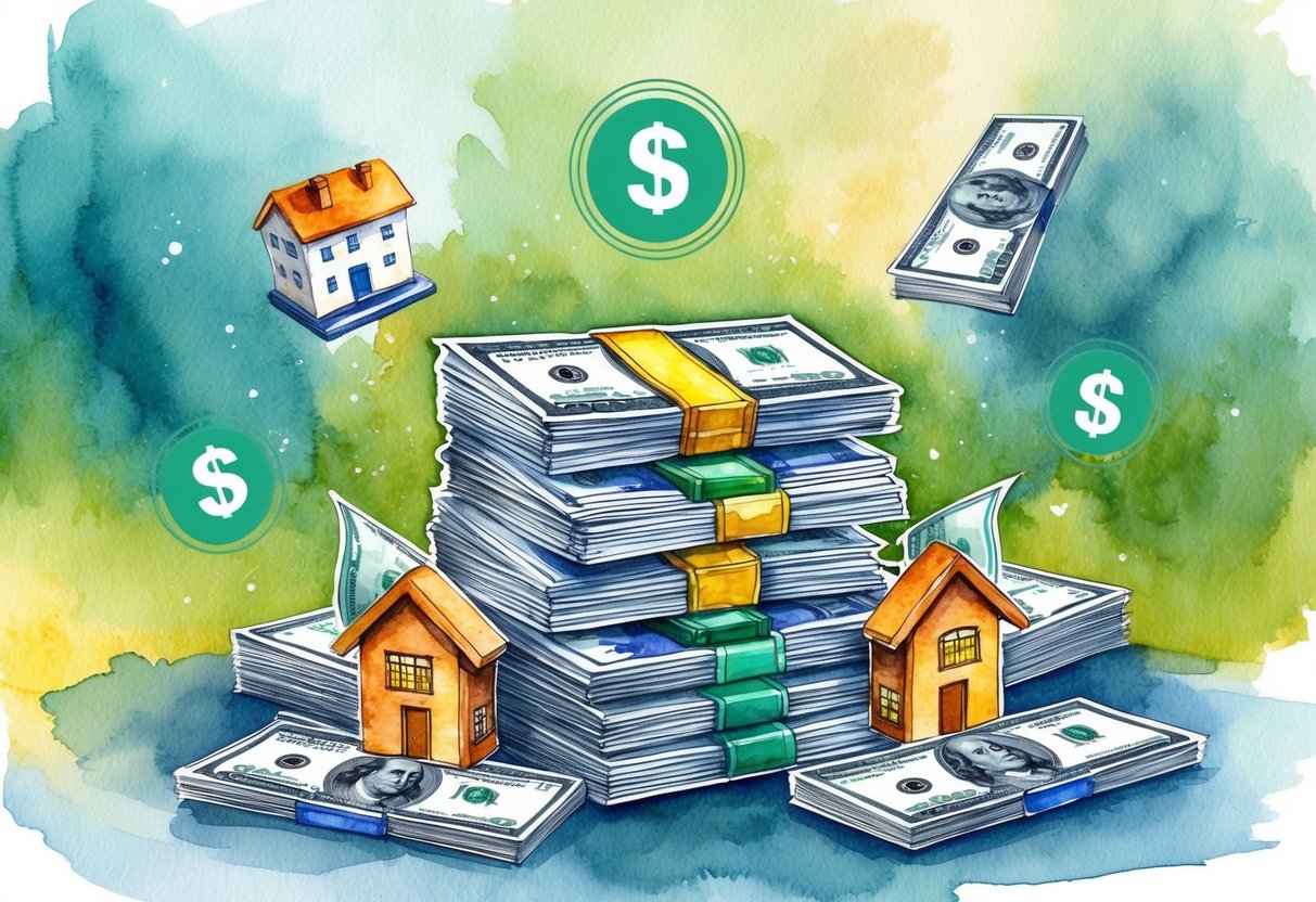 A stack of money and investment documents surrounded by real estate properties with tax loophole icons floating above