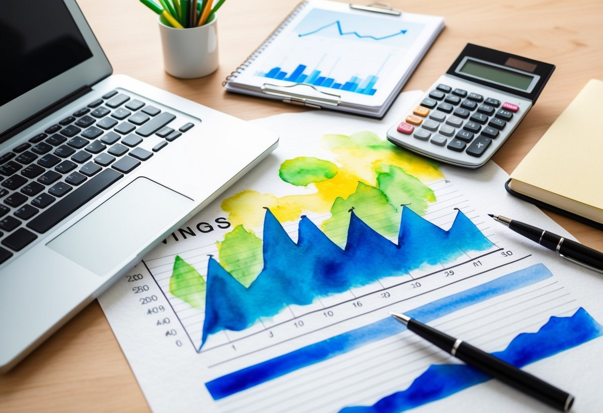 A desk with a laptop and financial documents, surrounded by a calculator, pen, and notebook. A graph showing a steady increase in savings over time