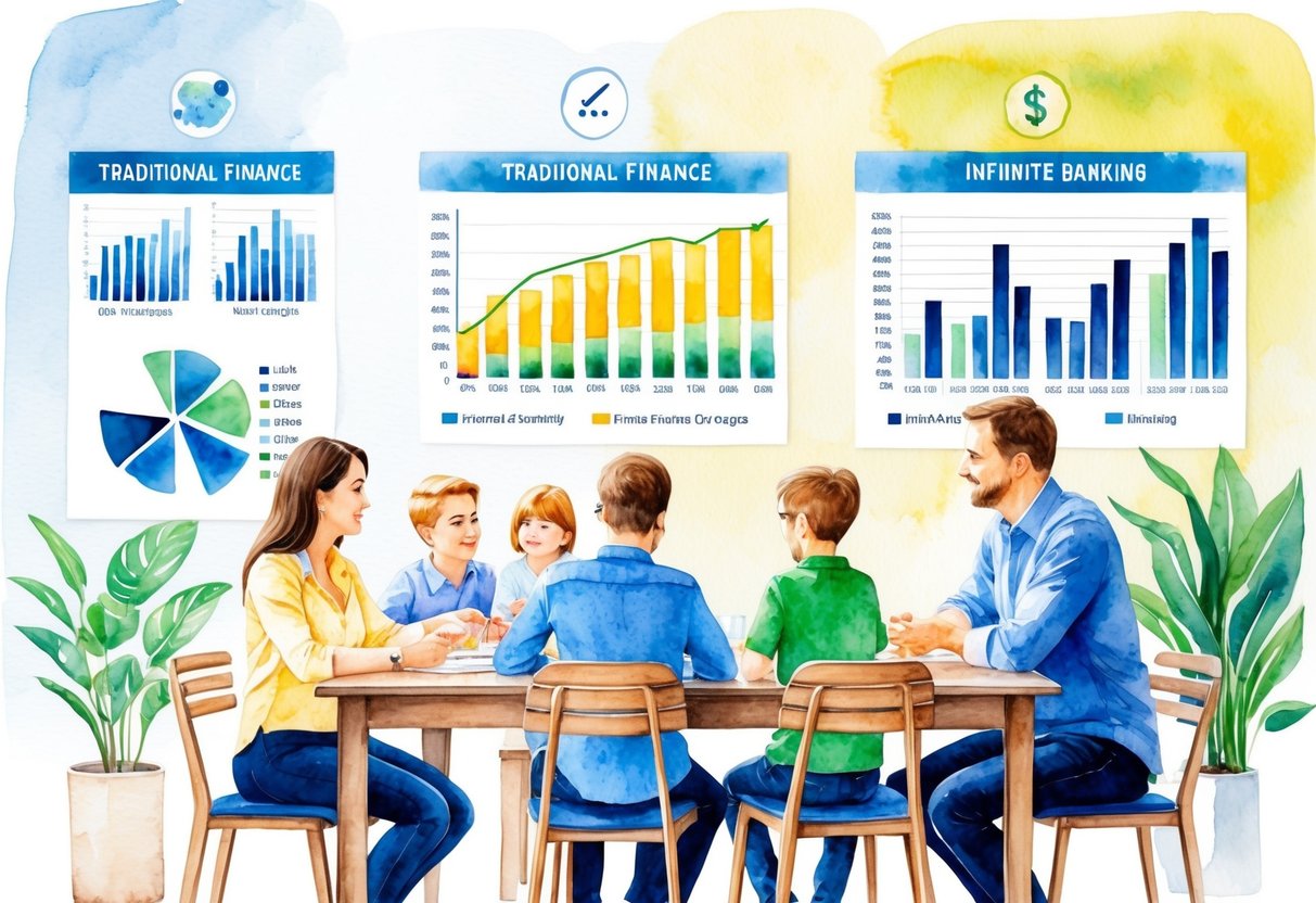 A family sitting around a table, discussing financial strategies. Charts and graphs on the wall show comparisons between traditional finance and infinite banking
