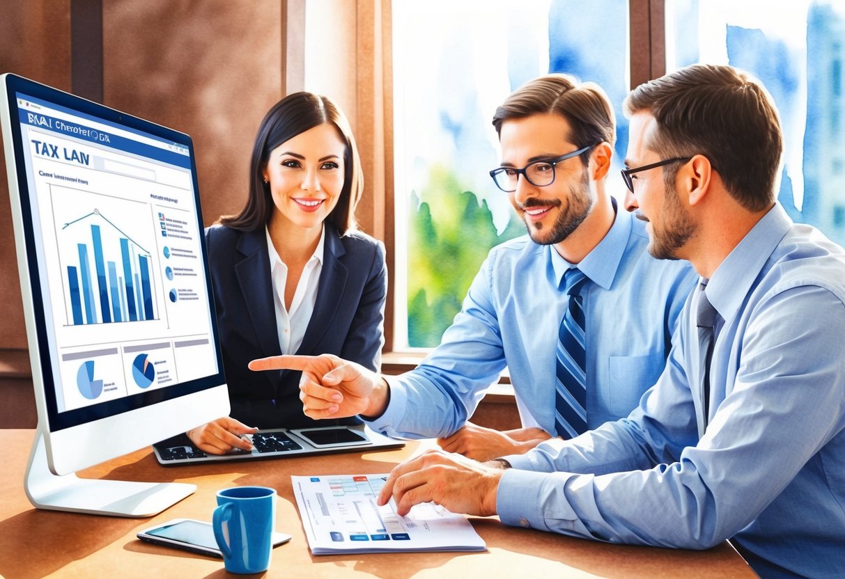 A CPA reviewing real estate tax laws with a client, pointing to key information on a computer screen