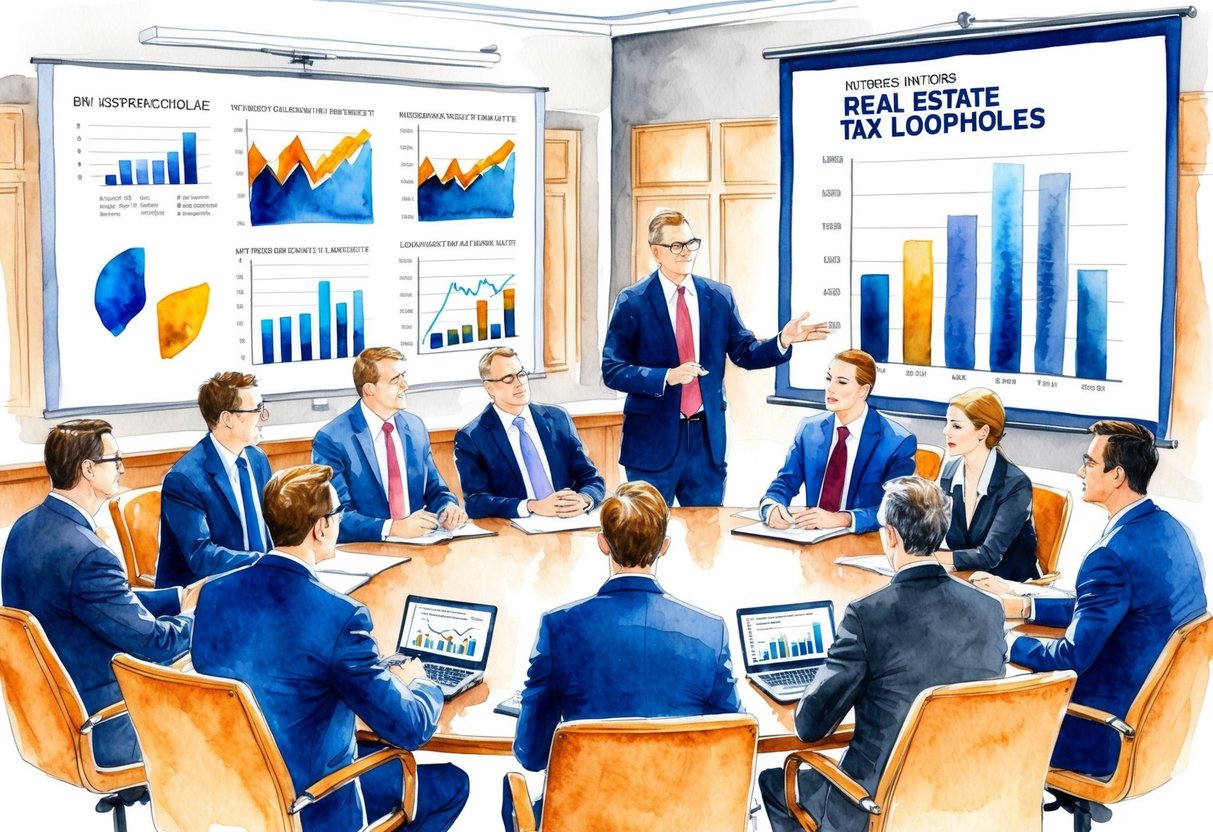 A group of investors discussing real estate tax loopholes in a boardroom setting, with charts and graphs displayed on a projector