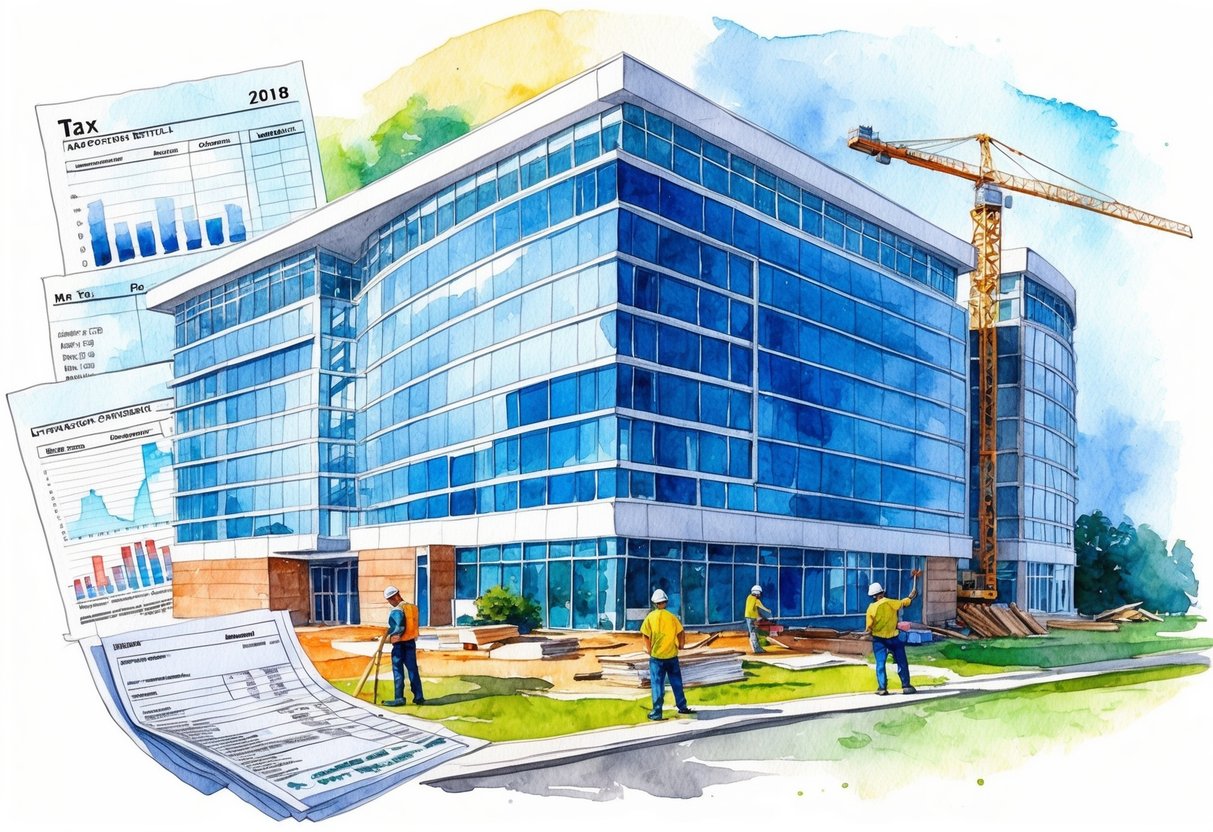 A modern office building with construction workers making improvements, surrounded by real estate tax documents and financial charts