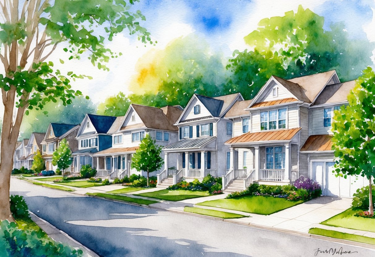 A serene suburban neighborhood with a mix of traditional and modern homes, surrounded by lush greenery and a peaceful atmosphere