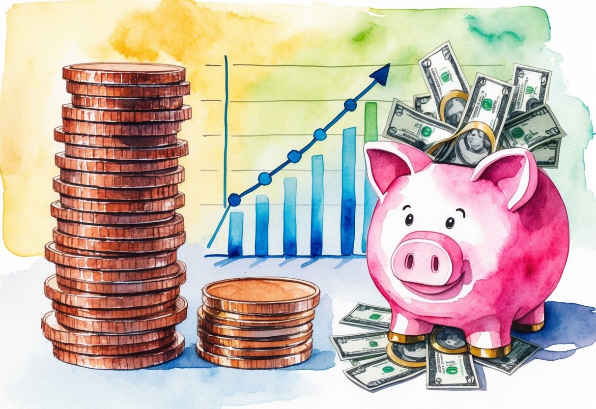 A stack of coins, a growing line graph, and a piggy bank overflowing with money