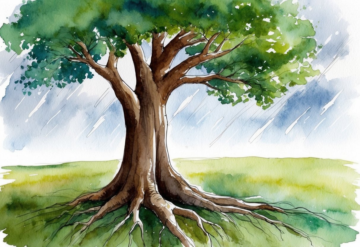 A sturdy oak tree stands tall amidst a storm, symbolizing wealth preservation in an unpredictable economy. The tree's roots are deeply anchored in the ground, representing stability and resilience
