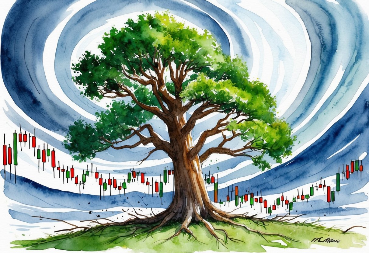 A sturdy oak tree with deep roots stands firm in a storm, surrounded by swirling winds and fluctuating market charts