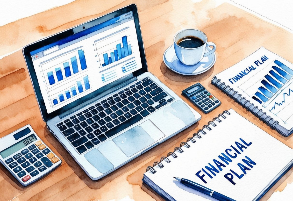 A desk with a laptop, financial charts, and a calculator. A cup of coffee and a notebook with "Financial Plan" written on it