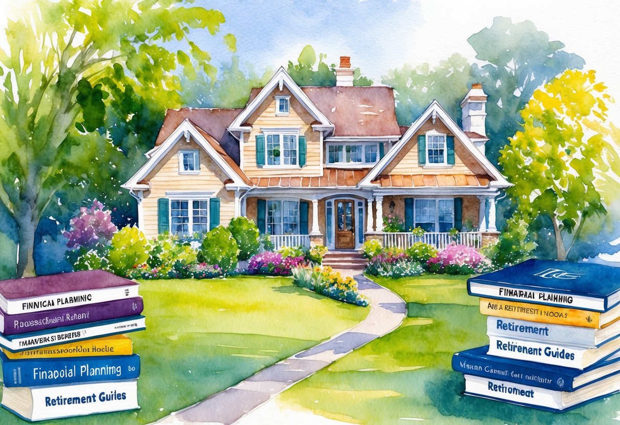A cozy home with a lush garden, nestled in a peaceful neighborhood, surrounded by financial planning books and retirement guides