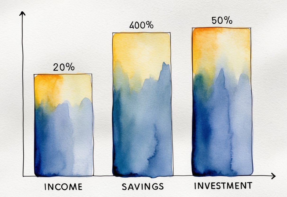 A bar graph with three columns representing the key metrics of income, savings, and investment, each progressively increasing in height