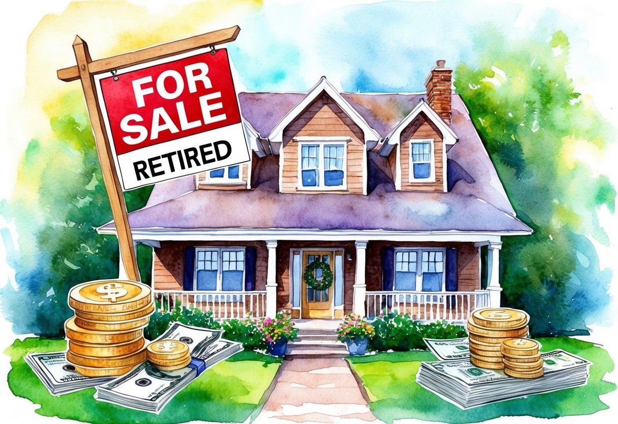 A cozy home with a "For Sale" sign replaced by a "Retired" banner, surrounded by flourishing investments and financial instruments