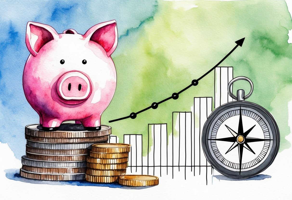 A piggy bank sits atop a stack of coins, next to a growing line graph, and a compass pointing towards "financial freedom"